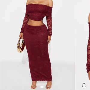 Fashion Nova Burgundy Lace Skirt Set